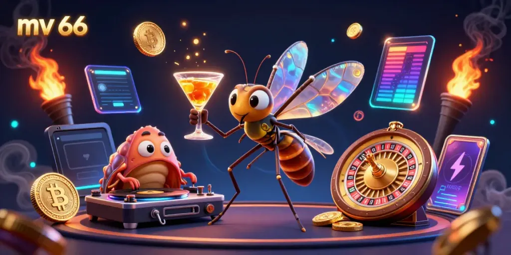 Catch the excitement at mv 66 as the casino mascot captivates players with golden cocktails and vibrant gaming elements.