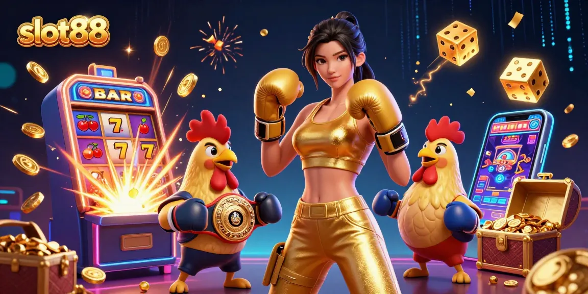 Experience big wins with slot88 as a stunning woman and cartoon rooster celebrate a jackpot explosion.