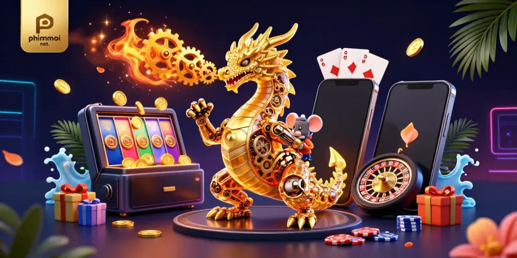 Experience the magic of phimmoi net. featuring an animated golden dragon and vibrant slot game elements, crafted in stunning 3D.