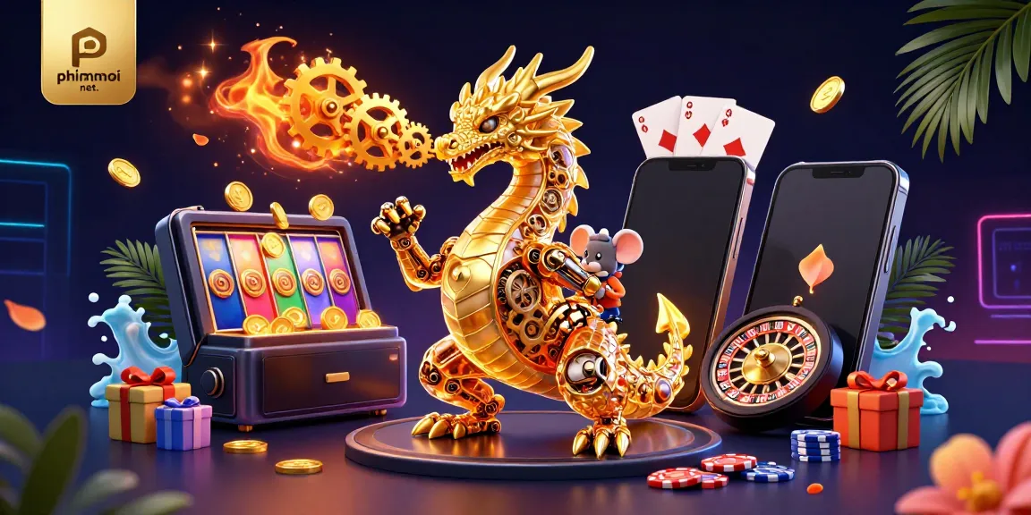 Experience the magic of phimmoi net. featuring an animated golden dragon and vibrant slot game elements, crafted in stunning 3D.