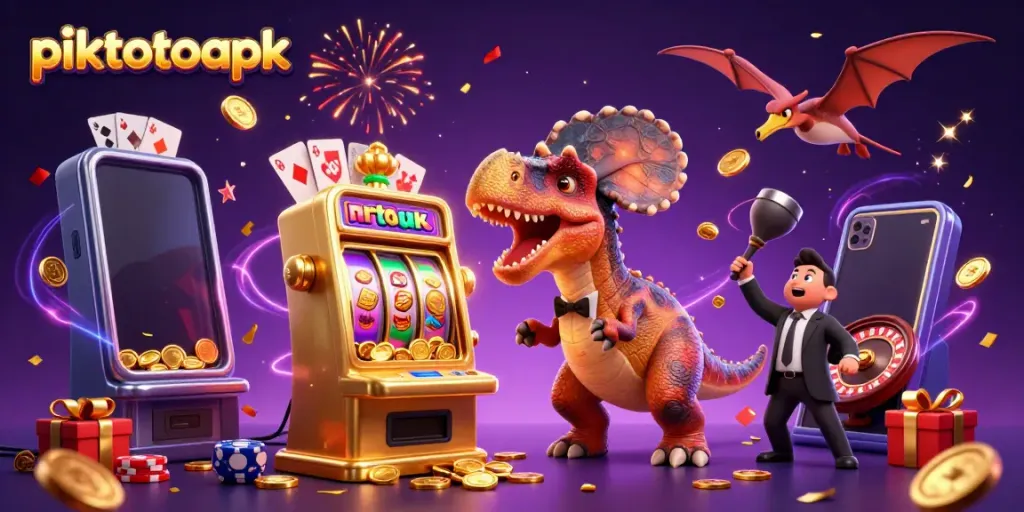 Piktotoapk's vibrant jackpot scene with cartoon dinosaurs celebrating a casino win.