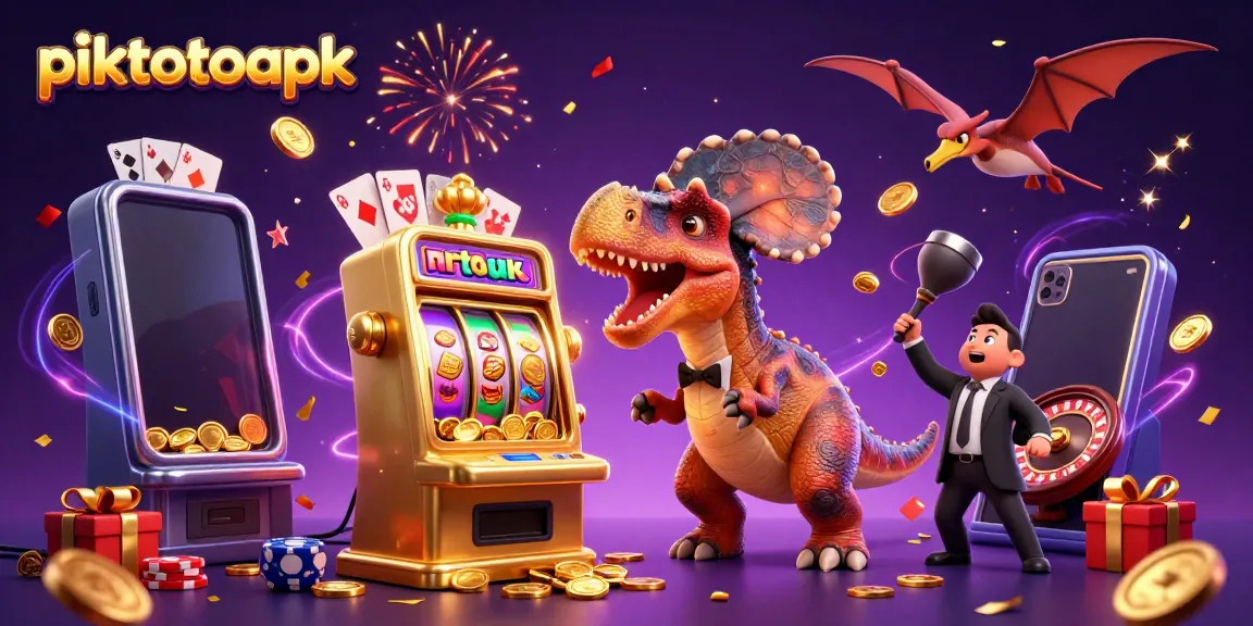 Piktotoapk's vibrant jackpot scene with cartoon dinosaurs celebrating a casino win.