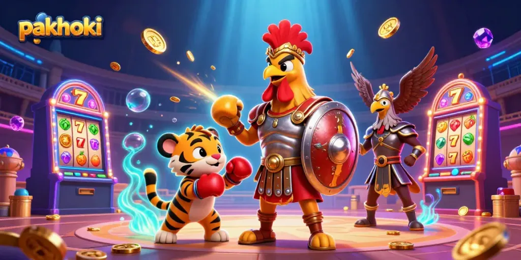 Slot pakhoki yang menampilkan ayam jantan gladiator beraksi di arena dengan teman tigernya.