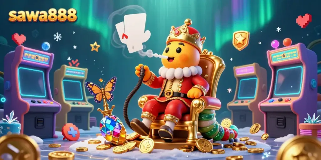 Experience the unique gambling atmosphere of sawa888 with a vibrant 3D illustration featuring a whimsical caterpillar themed around poker.