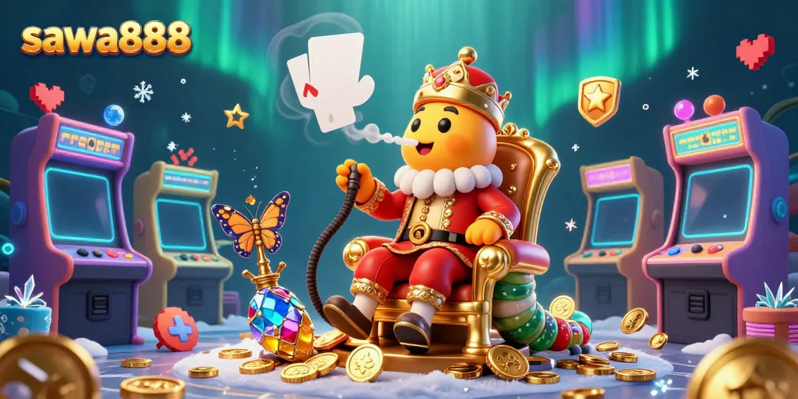 Experience the unique gambling atmosphere of sawa888 with a vibrant 3D illustration featuring a whimsical caterpillar themed around poker.