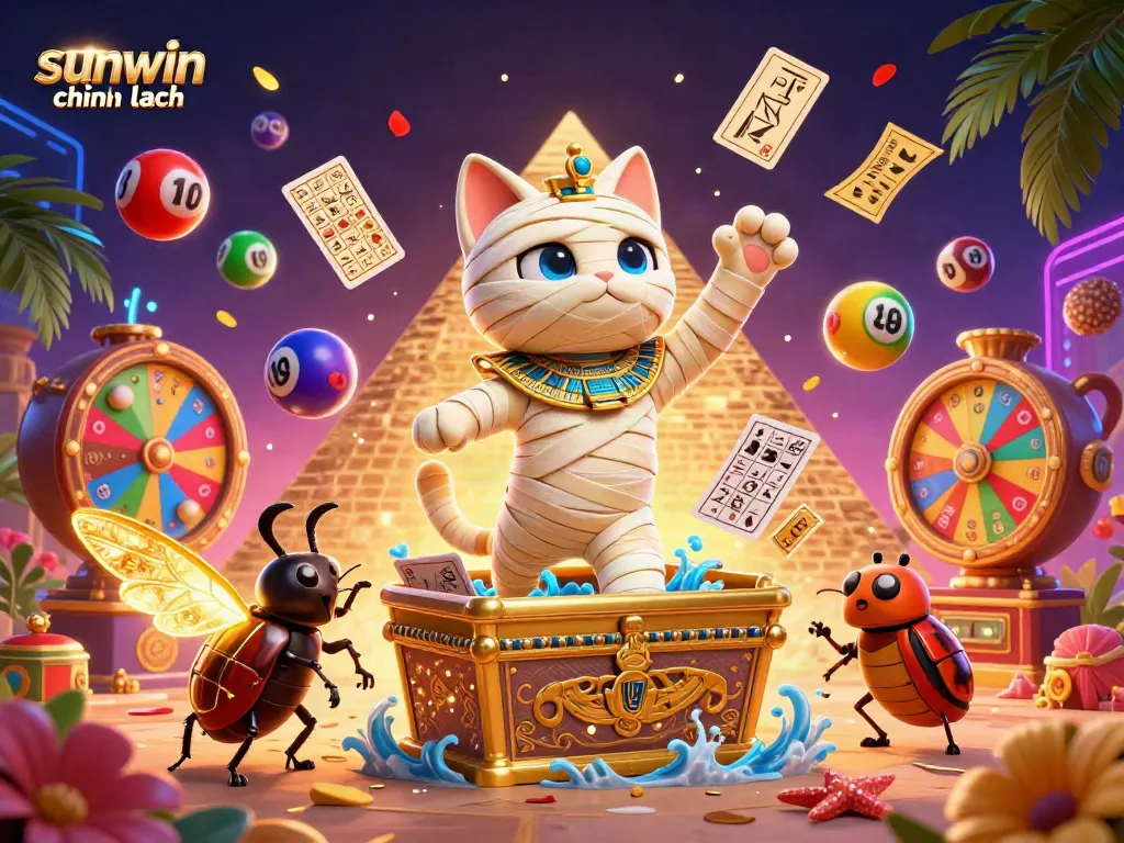 Engage with the vibrant universe of sunwin chính hãng, where a mummy cat casino fun awaits amidst falling lottery balls and golden confetti.