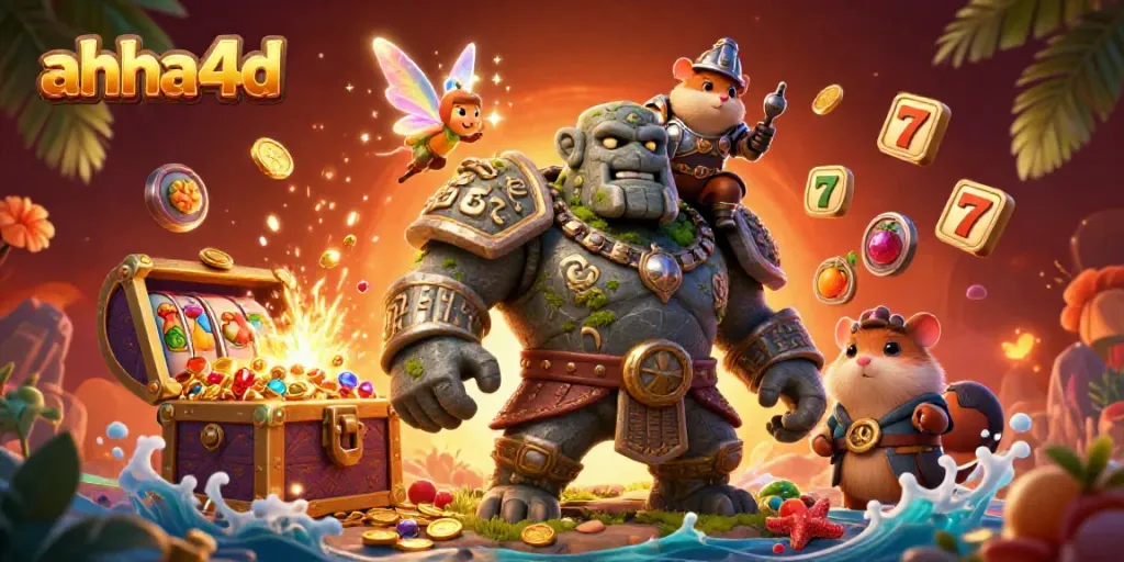 Permainan ahha4d di atas slot dan simbol yang menarik dengan golem dan si hamster.