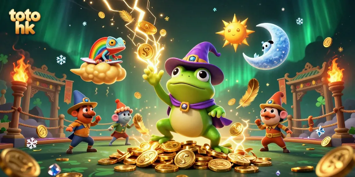 Mengikuti keseruan toto hk, frog penyihir cuaca 3D menciptakan badai koin emas, dikelilingi efek angin api, dan elemen kasino.