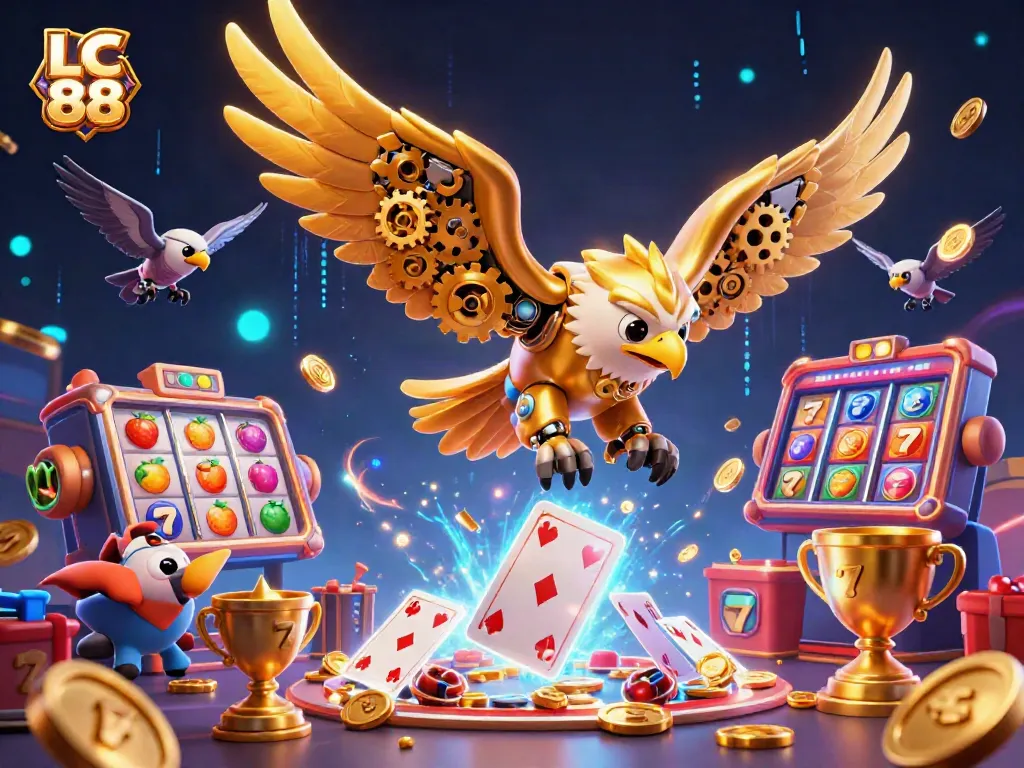 LC 88 showcases a cybernetic golden eagle amidst a dynamic casino scene with slot reels and bright symbols.