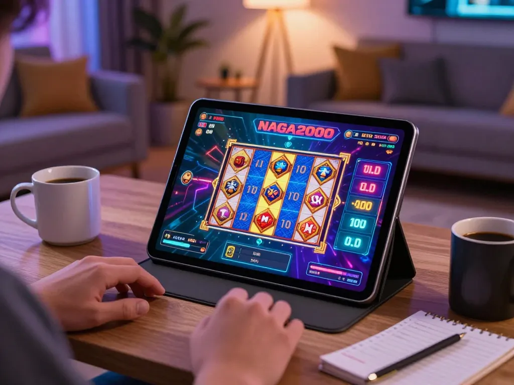 NAGA2000 gaming session showing a player engaging with colorful slots on a tablet in a cozy home