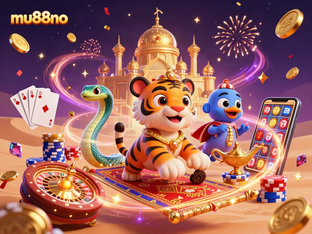 Experience interactive winnings with mu88no, featuring a vibrant desert casino scene filled with magical energy and dynamic game elements.