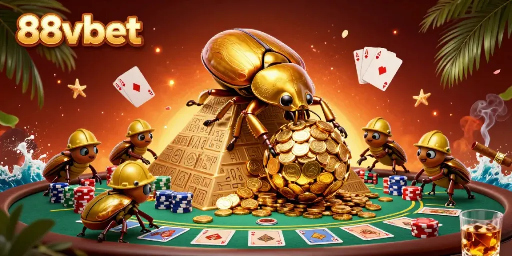 Experience the thrill of 88vbet's casino games with vibrant beetle characters and gold coins.