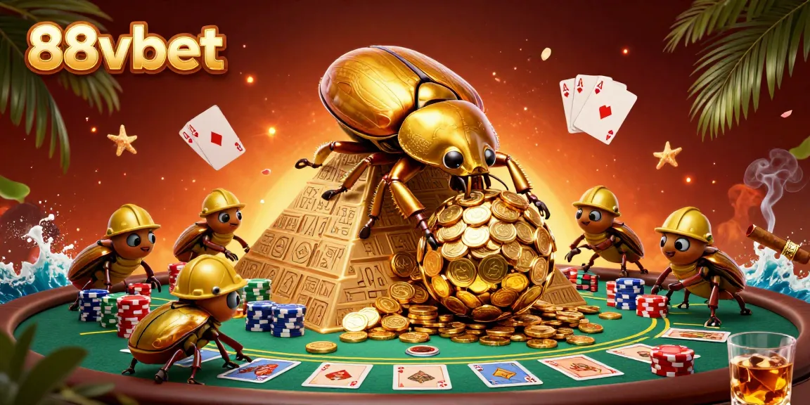 Experience the thrill of 88vbet's casino games with vibrant beetle characters and gold coins.