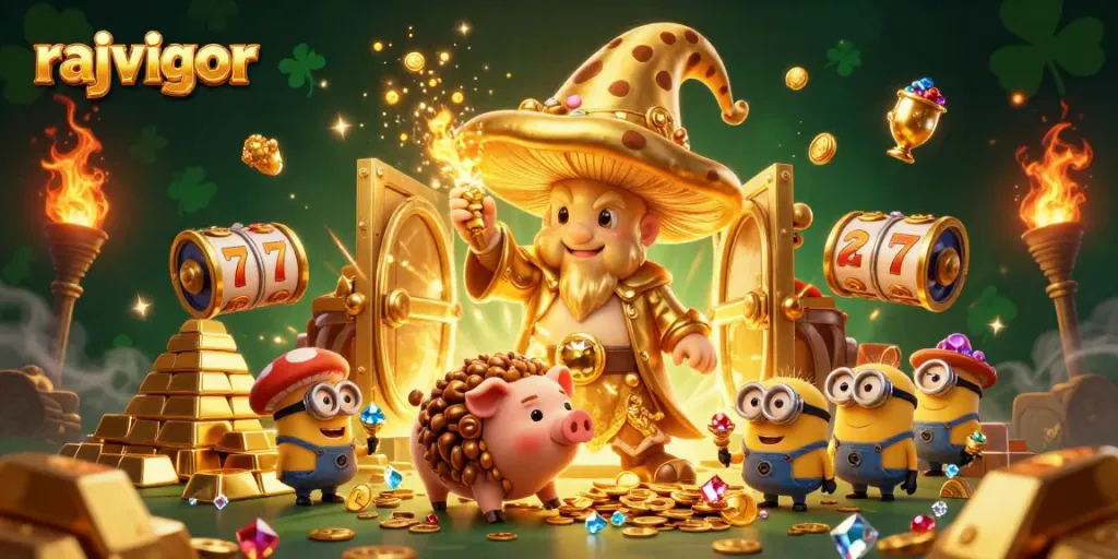 Experience the magic of rajavigor with a golden mushroom wizard and treasure-filled casino scene.