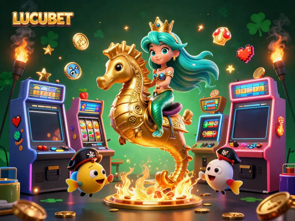 LUCUBET showcases a vibrant 3D cartoon scene of a mermaid princess riding a golden seahorse amidst slot machines, capturing the essence of online gaming.