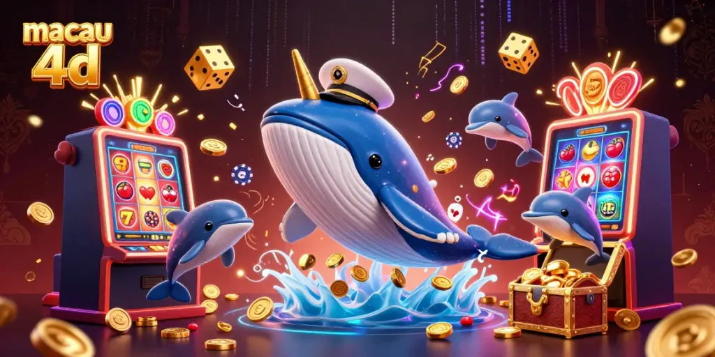 Experience the excitement of Macau 4D with a whale, narwhal, and dolphins amidst a vibrant casino atmosphere.