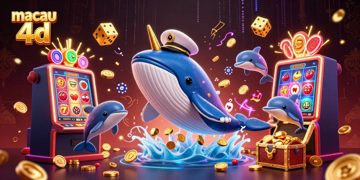 Experience the excitement of Macau 4D with a whale, narwhal, and dolphins amidst a vibrant casino atmosphere.