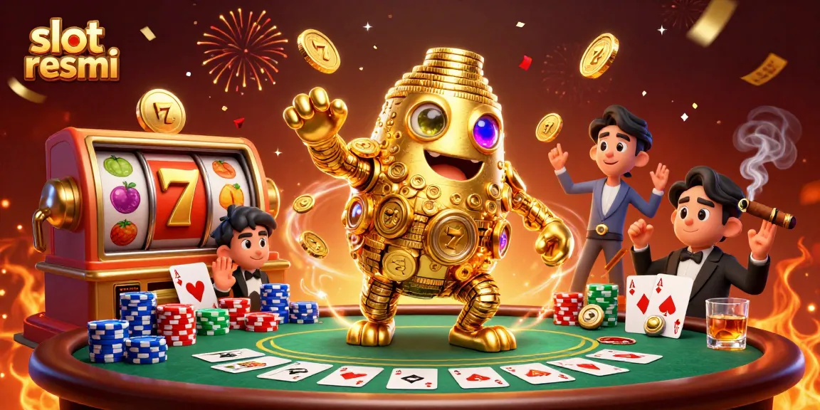 Slot resmi berfungsi dengan mesin slot simbol, mengusung suasana kemenangan di kasino.