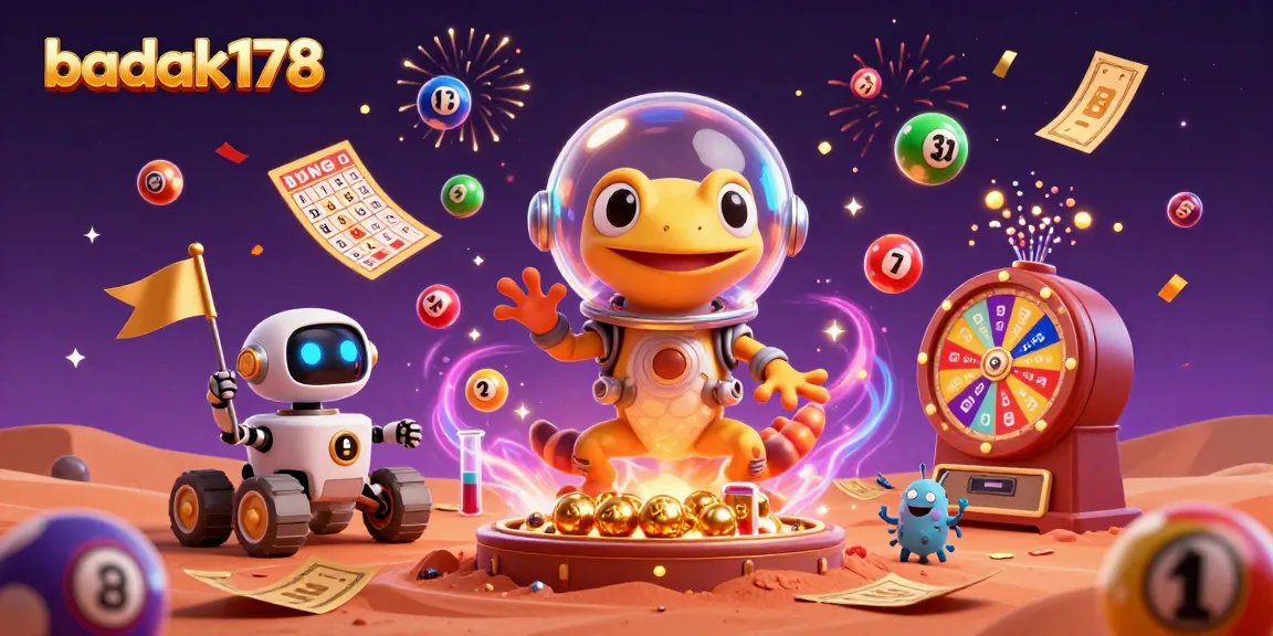 Experience the thrill of badak178 with a Martian gecko amidst colorful gaming elements.