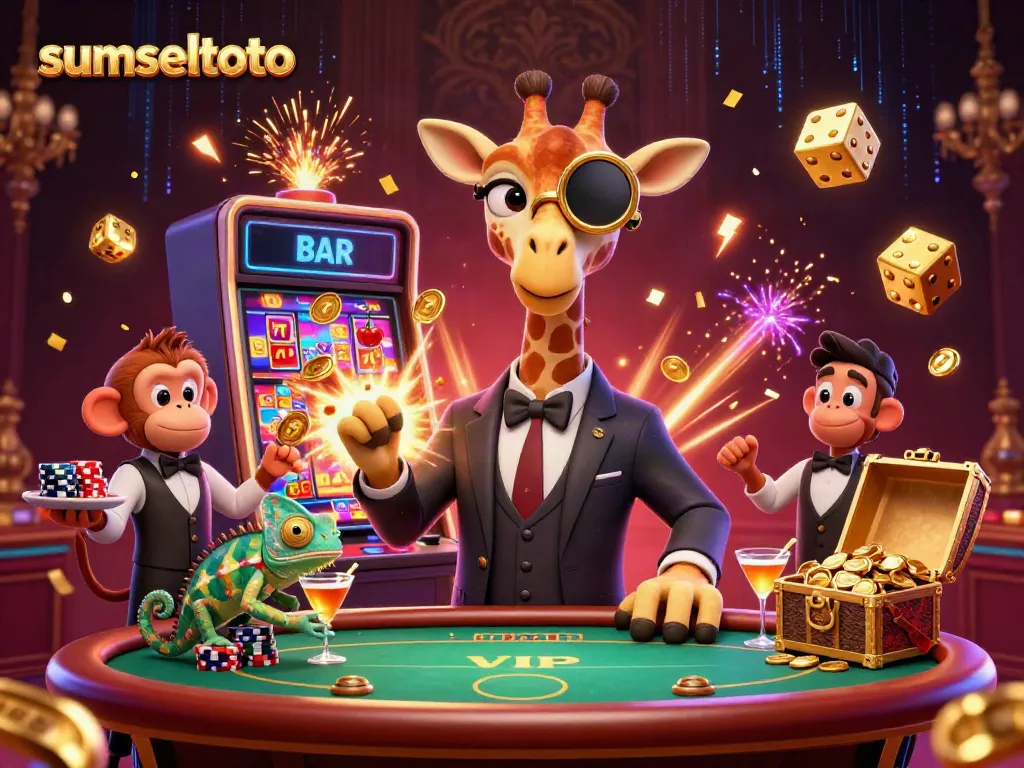 Experience the excitement with sumseltoto, featuring a high-roller giraffe, monkey valet, and chameleon bartender in a vibrant casino scene.
