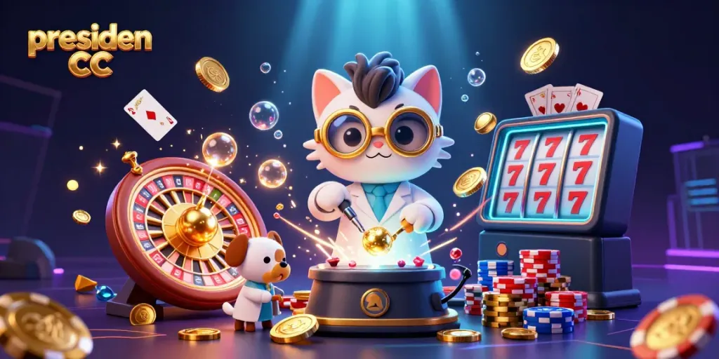 Experience magical wins with presiden cc: a dynamic 3D illustration of a cat scientist and dog assistant amid cascading coins.