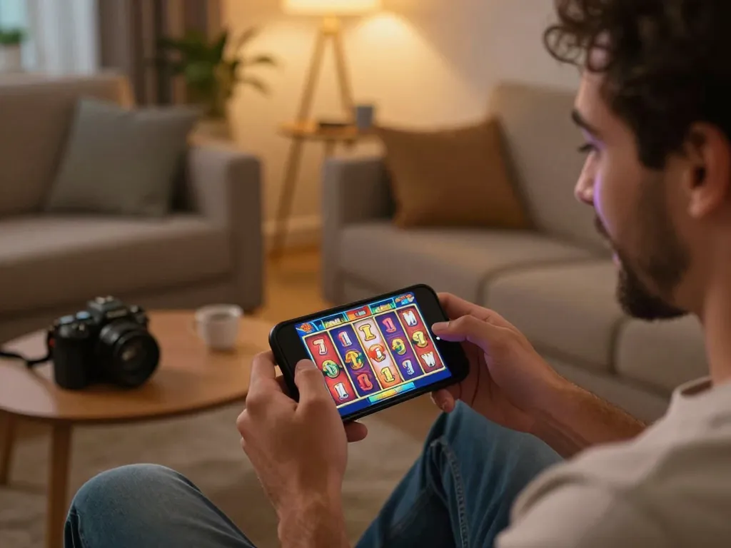 Player celebrating a win at situs slot gacor while using smartphone in cozy home setting.