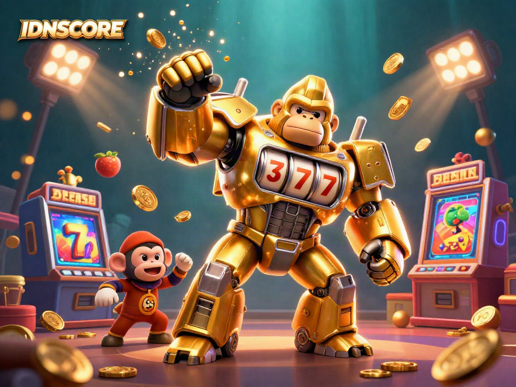Engage with IDNSCORE's exciting slot gaming experience through vibrant visuals of a 3D golden gorilla mech.
