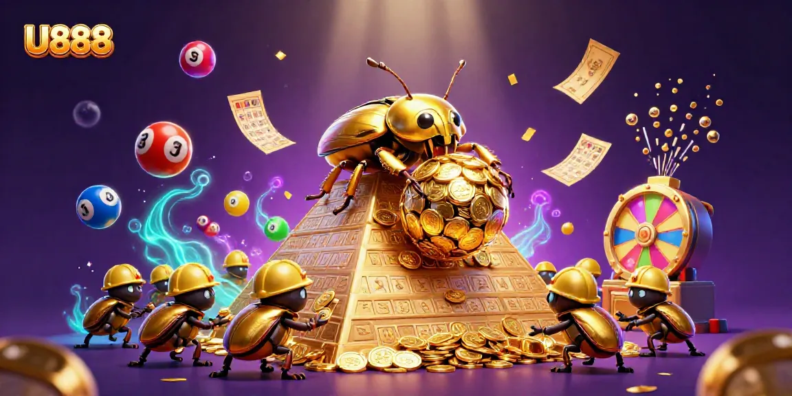 Engaging scene of a golden dung beetle symbolizing U888's online betting fun with casino elements.
