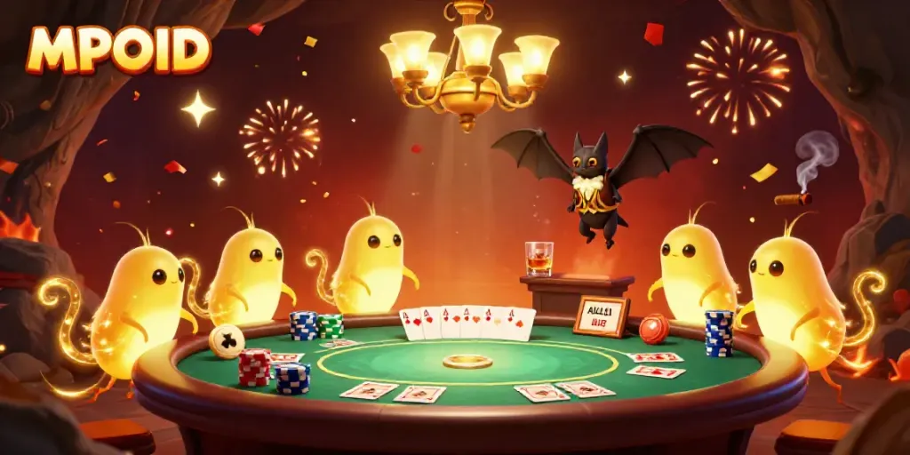 Engage in thrilling poker games at MPOID's vibrant cave casino illuminated by bioluminescent creatures.