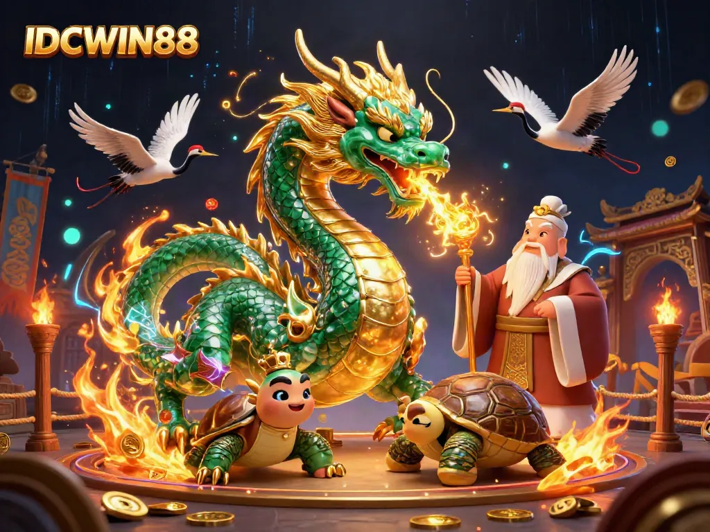Engage in thrilling gameplay with IDCWIN88, featuring a jade dragon and lucky cranes in an extravagant casino scene.