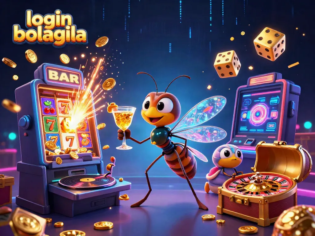Experience the excitement of login bolagila with a vibrant 3D illustration of casino elements and characters.