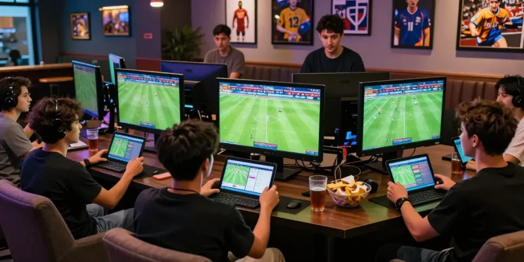 Suasana taruhan olahraga di lounge modern dengan teman-teman bersemangat menonton pertandingan KANTORBOLA.