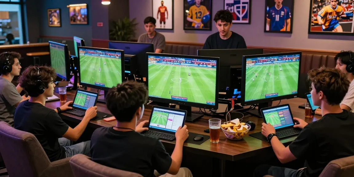 Suasana taruhan olahraga di lounge modern dengan teman-teman bersemangat menonton pertandingan KANTORBOLA.