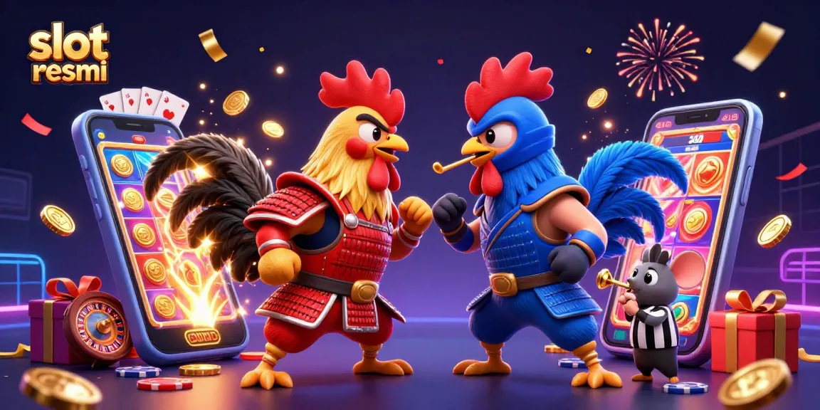 Slot resmi menampilkan ayam jantan 3D bertarung dalam suasana kasino yang meriah.