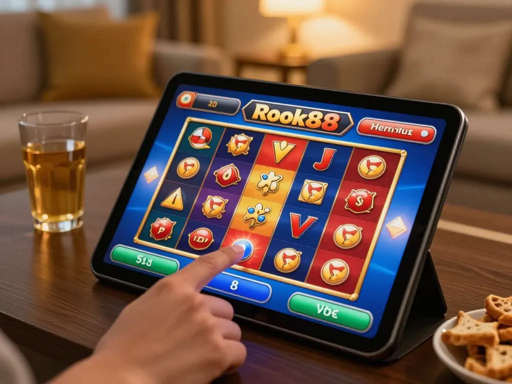 Engaging experience with rokok88 slot on a tablet during an online gaming session at home.