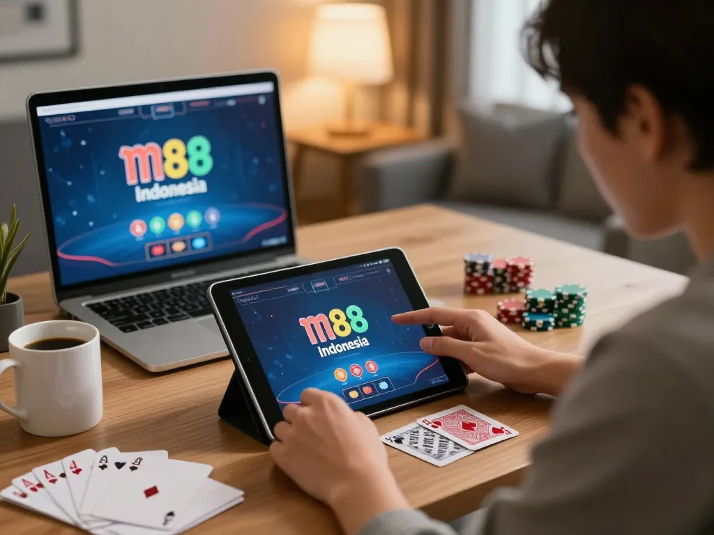 Pemain yang terlibat merencanakan strategi dalam poker online di m88 Indonesia dengan tablet.