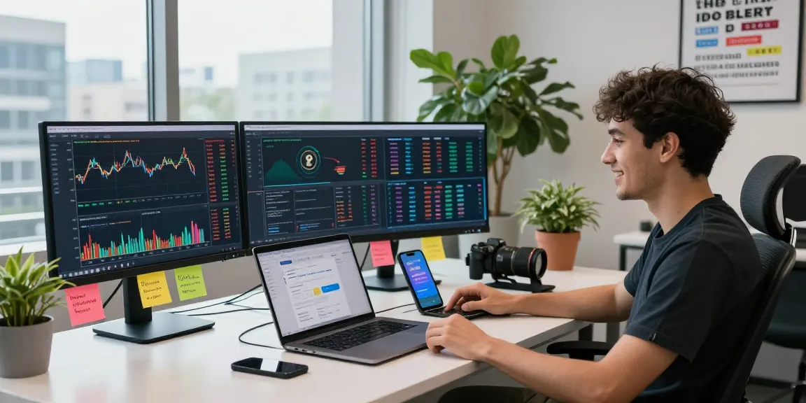 Cryptocurrency trader using Hyperliquid referral code (8000USDT) in a modern workspace with multiple monitors.