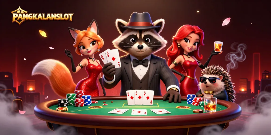 PANGKALANSLOT showcases a raccoon with a royal flush at a vibrant poker scene filled with chips and cards.