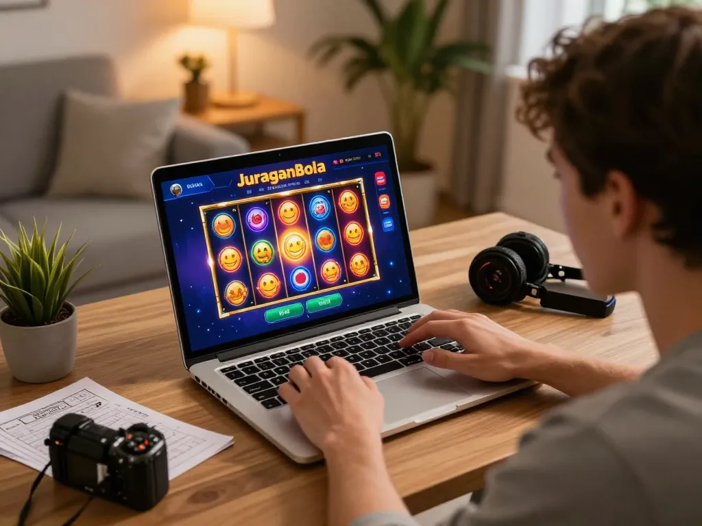 Engaging user playing Juraganbola online casino game on laptop in a cozy home setting