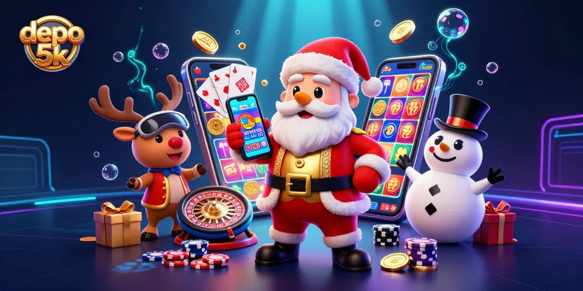 Spin jackpot slots with depo 5k in a festive casino scene featuring Santa and friends.