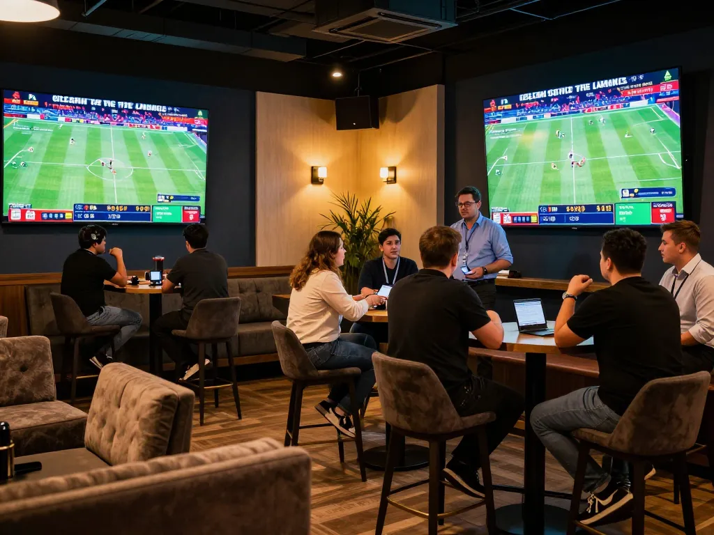 Engaged bettors examining odds at cgk303 sports betting lounge, showcasing an exhilarating betting atmosphere.