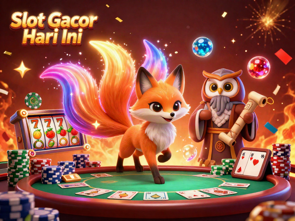 Experience Slot Gacor Hari Ini with a vivid 3D illustration showcasing a vibrant casino scene filled with slot reels and poker elements.