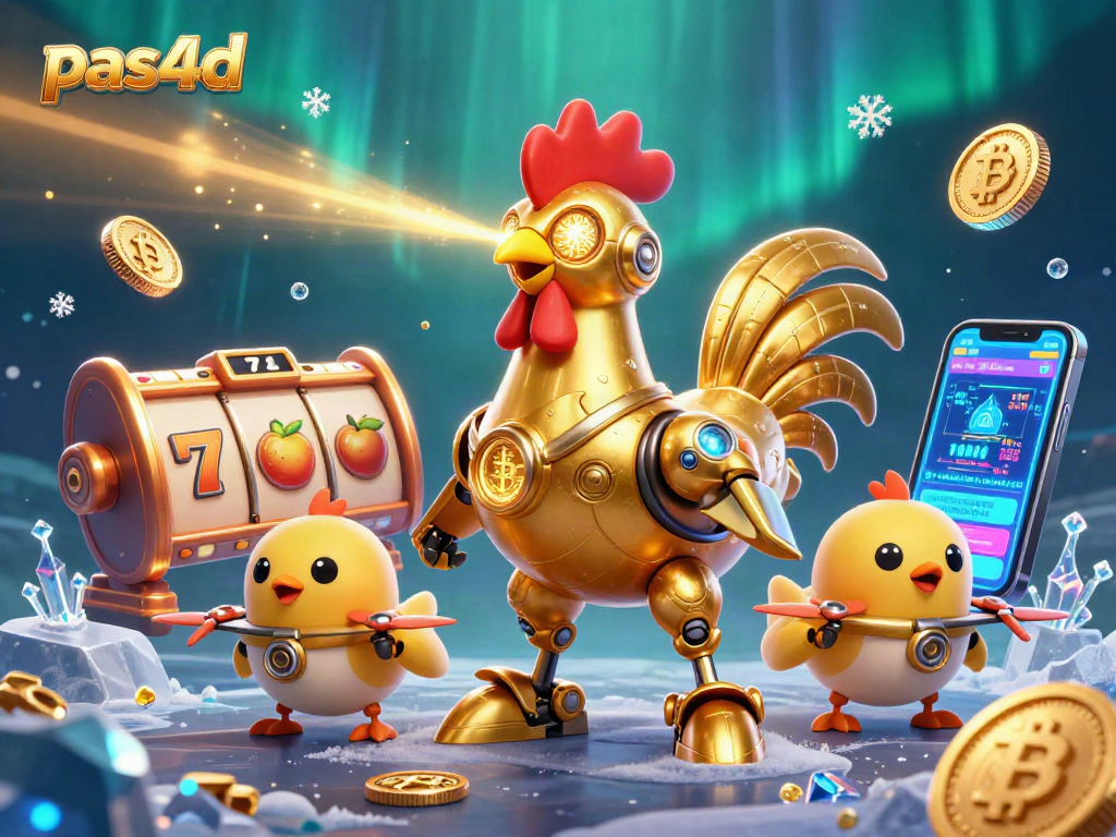 Permainan pas4d menyenangkan dengan robot ayam emas dan drone, simbol slot dan koin cryptocurrency