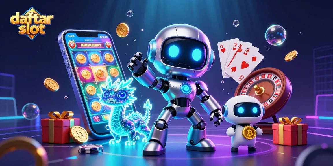 Engage with daftar slot using a 3D cyberpunk mascot and vibrant casino game elements.