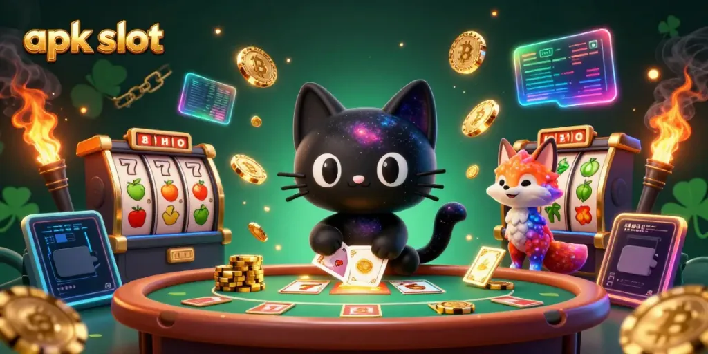 Menggenggam kemenangan dengan apk slot, kucing lubang hitam 3D menarik chip emas di meja kasino.