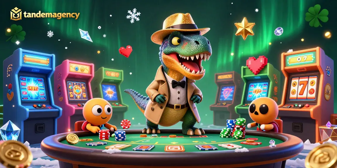 Engage with tandemagency's vibrant casino scene featuring a sly velociraptor counter and playful companions.