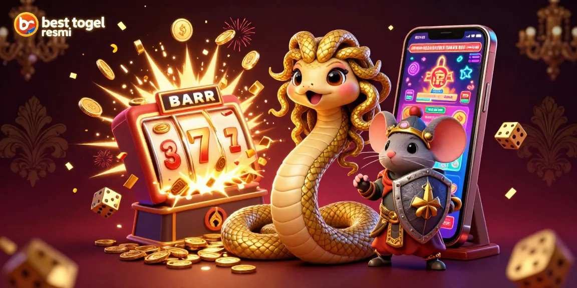 Experience the excitement of online gaming with besttogel resmi, featuring a playful Medusa and a warrior mouse amid vibrant casino elements.