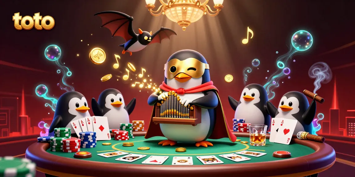 Toto-themed 3D scene showcasing casino excitement with a phantom penguin at the poker table.