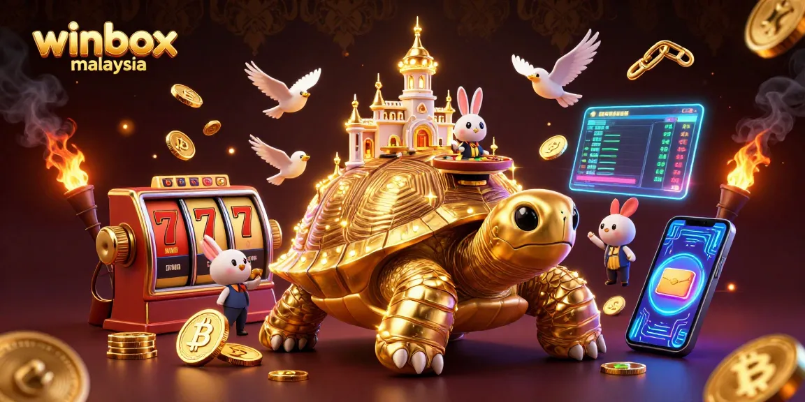 Experience winbox malaysia with a vibrant and dynamic casino illustrated scene featuring a golden tortoise and a rabbit dealer.