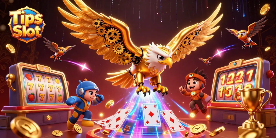 Engage with Tips Slot for winning strategies through a vibrant cybernetic eagle casino illustration.